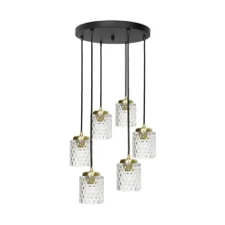 Pendelleuchte Messing Eisen Glas 6x E27 in Schwarz Klar