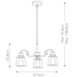 Pendelleuchte Metall Glas H: max. 148,4 cm 3-flammig