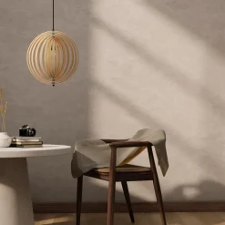 Pendelleuchte Metall Holz rund D: 43 cm Schwarz Beige