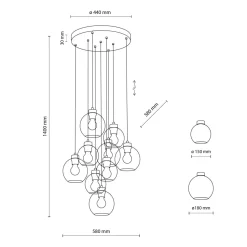 Pendelleuchte Rauchglas Metall H: max. 140 cm 9x E27