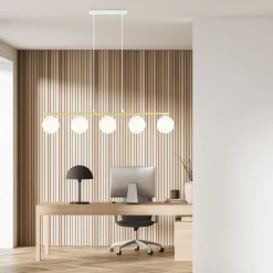 Pendelleuchte Weiß Gold 5x E14 Kugelschirm Glas Metall