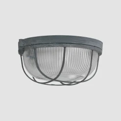 Runde Deckenleuchte Grau Riffelglas Metall E27 Bullauge