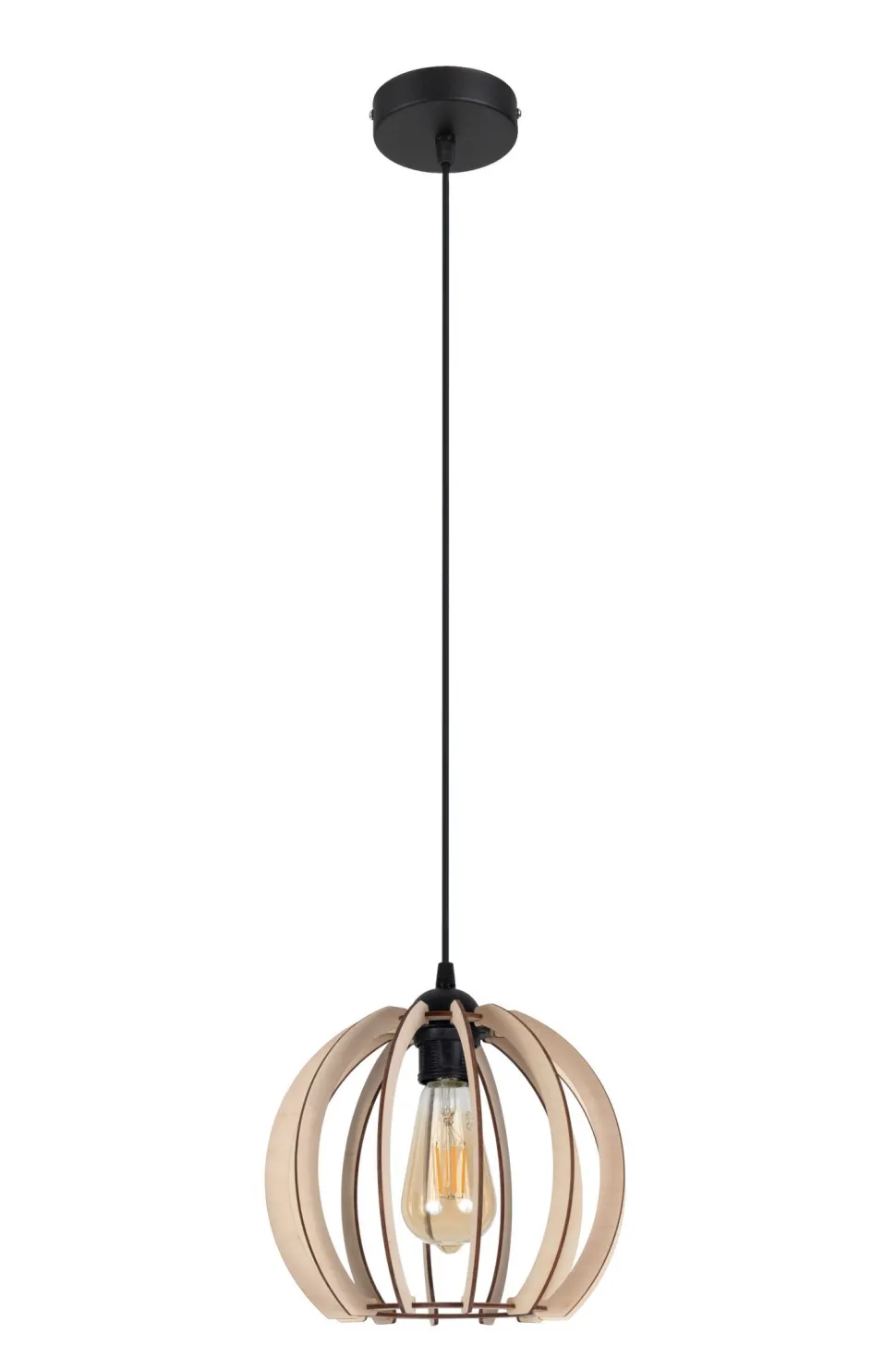 Runde Pendelleuchte Holzschirm Metall E27 Kugel Ø24 cm