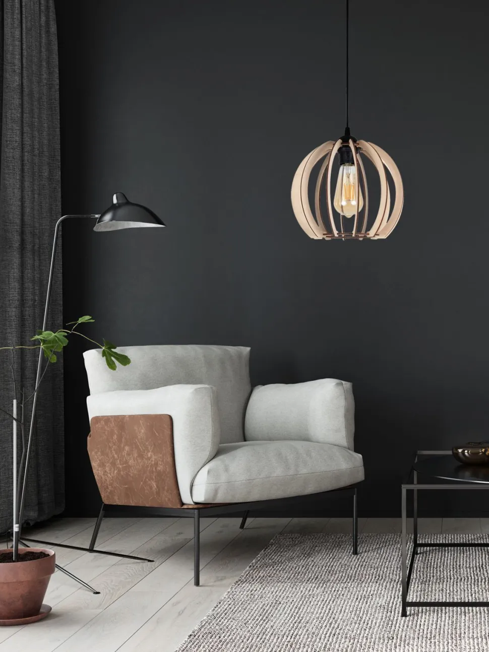 Runde Pendelleuchte Holzschirm Metall E27 Kugel Ø24 cm