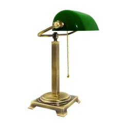 Schreibtischlampe Messing Glas H: 39,5 cm Zugschalter E27