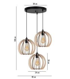 Schwarze Pendelleuchte Holz Metall 3-flmg E27 L:40 cm