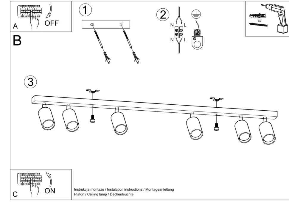 Spot Strahler Holz 120 cm lang 6-flammig schwenkbar