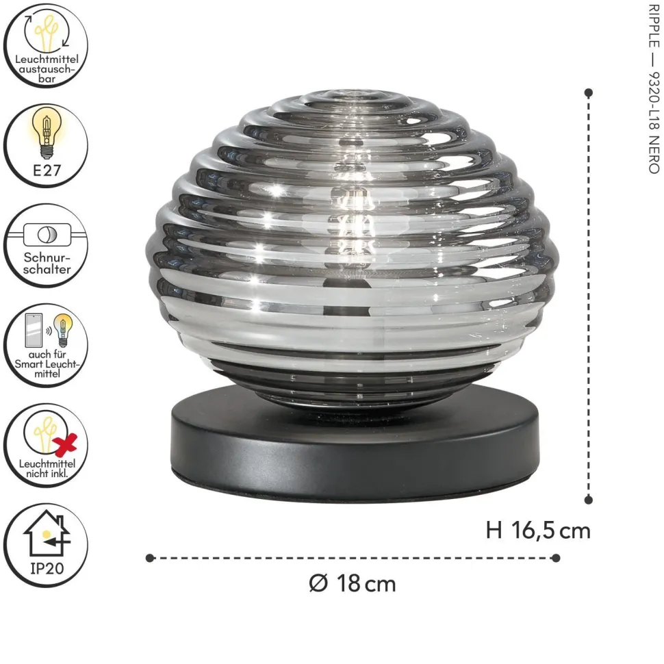 Stilvolle Tischlampe Rauchglas 16,5 cm E27 dekorativ