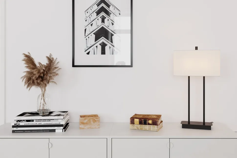 Tischlampe E27 56 cm Schwarz Weiß eckig Stoff Metall