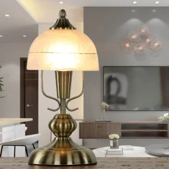 Tischlampe Glas Metall 35 cm in Bronze Weiß Jugendstil