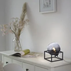 Tischlampe Glasschirm Rauchgrau Schwarz E27 23 cm klein