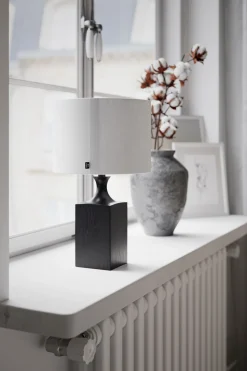 Tischlampe Holz Stoff 41 cm Schwarz Weiß für E27