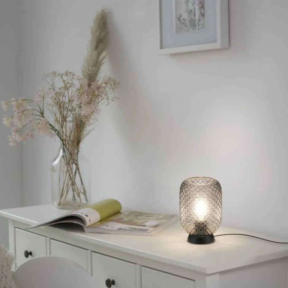 Tischlampe Rauchgrau Schwarz Glas Metall 22,5 cm E27
