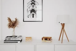 Tischleuchte Holz Stoff 55 cm Dreibein Eiche Weiß E27