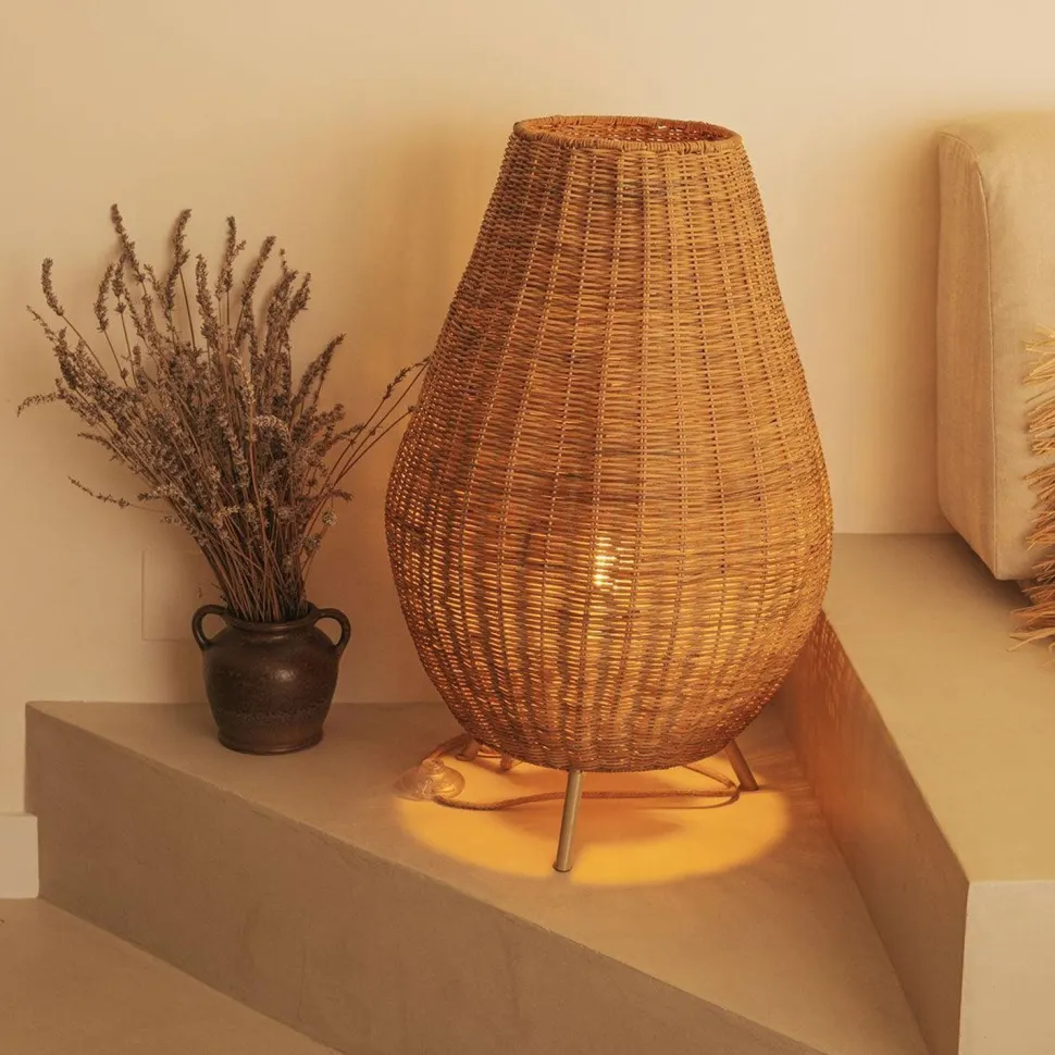 Tischleuchte Rattan 72 cm Dreibein Kabel Stecker E27