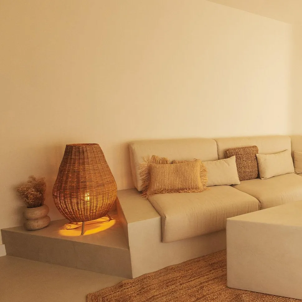 Tischleuchte Rattan 72 cm Dreibein Kabel Stecker E27