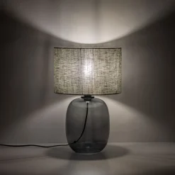 Tischleuchte Rauchglas Stoff E27 H: 48 cm Ø 30 cm Grau Grün