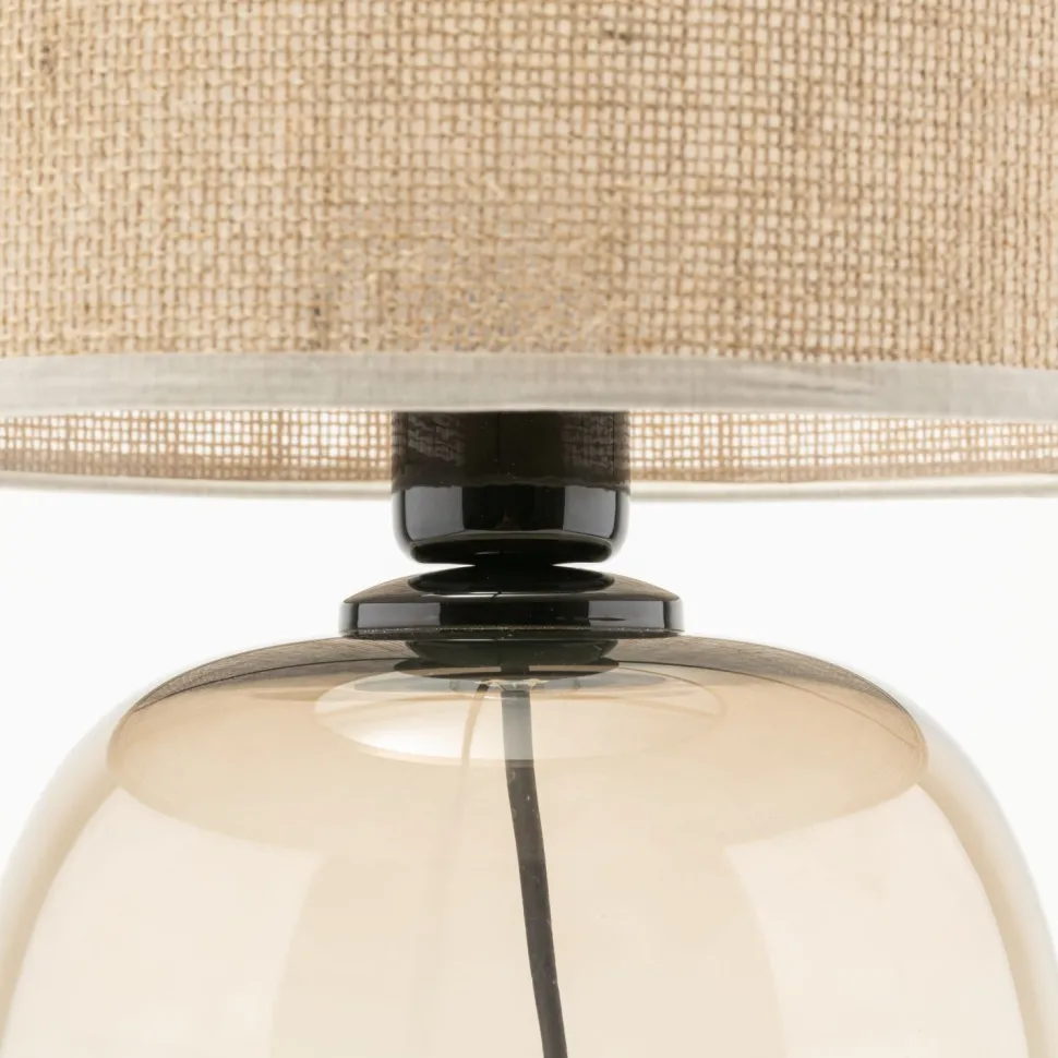 Tischleuchte Rauchglas Stoff Braun H: 48 cm Ø 30 cm E27