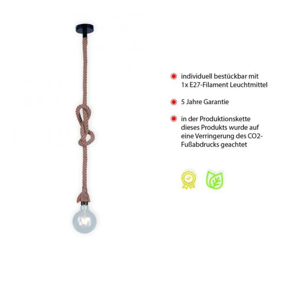Vintage Pendelleuchte E27 bis 15 W Ø10 cm rund Tau Seil
