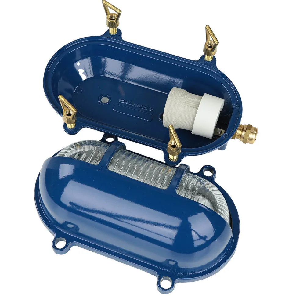 Wandleuchte außen Messing Riffelglas IP64 E27 Blau