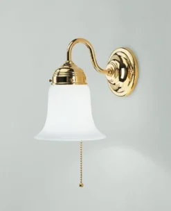 Wandleuchte mit Zugschalter Messing poliert Glas E27