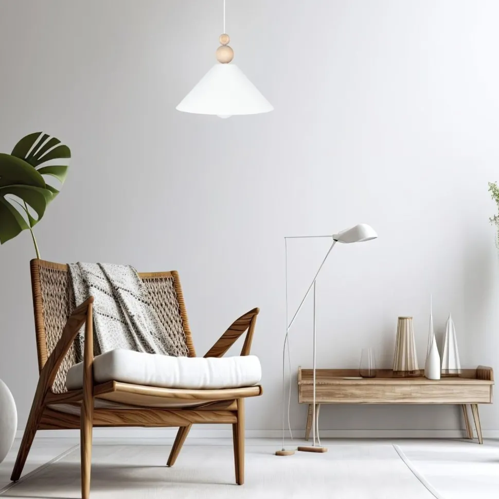 Weiße Hängeleuchte Holz Metall Ø26 cm rund E27 wohnlich