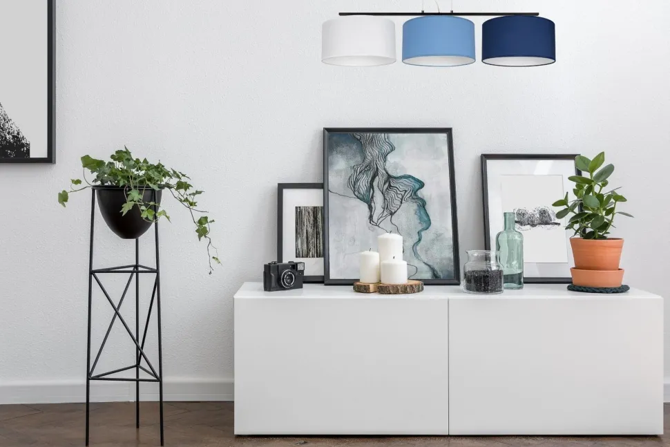 Wohnliche Pendelleuchte Stoff Weiß Blau E27 100 cm lang